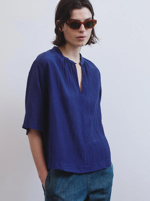 Short-sleeve shirt in crinkled cotton and silk voile